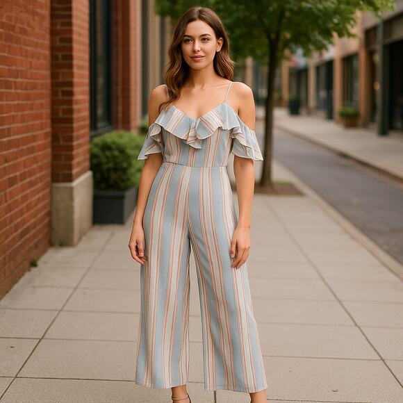 Striped Ruffle Jumpsuit Wide Leg - Picture 1 of 7